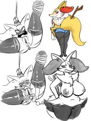 Rule 34 | 1girl, ahegao, anal, anal beads, angry, animal ears, anus, arms behind back, ass, bdsm, blue panties, blush, bondage, bound, braixen, breasts, clenched teeth, clitoris, creatures (company), fangs, fox ears, fox tail, from behind, full body, furry, game freak, gen 6 pokemon, half-closed eyes, highres, large breasts, leg lift, looking at viewer, looking back, looking up, lying, multiple views, navel, nintendo, nipples, object insertion, on back, open mouth, panties, partially colored, plump, pokemon, pokemon (creature), pokemon xy, pussy, pussy juice, red eyes, remote control vibrator, sev (pelao0o), sex toy, simple background, sketch, spread legs, standing, stick, striped clothes, striped panties, sweat, tail, tears, teeth, thighhighs, uncensored, underwear, vaginal, vaginal object insertion, vibrator, vibrator in thighhighs, white background