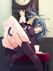 Rule 34 | 1girl, animal ears, ass, bent over, blue hair, blush, cameltoe, cat ears, cat tail, chinchickrin, clock, clothes lift, dress, dress lift, duster, embarrassed, feet, frills, garter belt, head scarf, looking back, maid, open mouth, original, panties, socks, solo, striped clothes, striped panties, tail, thighhighs, underwear, yellow eyes