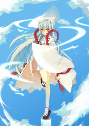 Rule 34 | 1girl, animal ears, bad id, bad nicoseiga id, cat ears, clog sandals, cloud, day, highres, japanese clothes, leg lift, long hair, looking at viewer, original, sechichi xd, sky, solo, standing, standing on one leg, white hair, yellow eyes