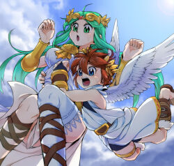 Rule 34 | 1boy, 1girl, ahoge, angel, angel wings, blue eyes, blue sky, breasts, brown hair, chain, clenched hands, diadem, gold chain, green eyes, green hair, hug, kid icarus, kid icarus uprising, laurel crown, nintendo, open mouth, palutena, pit (kid icarus), single thighhigh, sky, suno (imydream), sweat, thighhighs, wings