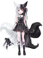 Rule 34 | 1girl, absurdres, alice mana, animal ears, belt, black hair, blush, breasts, collar, commentary request, fox ears, full body, highres, indie virtual youtuber, multicolored hair, official alternate costume, open mouth, red eyes, shoes, sleeveless, small breasts, solo, standing, two-tone hair, virtual youtuber, white background