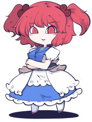 Rule 34 | 1girl, black sash, blue dress, blush stickers, brown sash, chahan (fried rice0614), closed mouth, dress, full body, hair bobbles, hair ornament, highres, one-hour drawing challenge, onozuka komachi, red eyes, red hair, sash, short hair, short sleeves, simple background, smile, solo, standing, touhou, two side up, white background