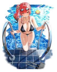 Rule 34 | 1girl, ahoge, azur lane, bare shoulders, bikini, bird, black bikini, blurry, blurry background, breasts, chick, cleavage, collarbone, glint, goggles, goggles on head, huge breasts, lifebuoy, looking at viewer, manjuu (azur lane), mouth hold, navel, official alternate costume, official art, palm tree, pool, pool ladder, poolside, red hair, side ponytail, skindentation, solo, swim ring, swimsuit, thigh gap, thighs, tile floor, tiles, transparent background, tree, water, whistle, whistle around neck, yunsang, zara (azur lane), zara (poolside coincidence) (azur lane)