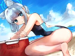 Rule 34 | 1girl, absurdres, animal ear fluff, animal ears, barefoot, beach, black one-piece swimsuit, blue archive, blue eyes, blue sky, brand name imitation, breasts, cloud, competition swimsuit, cooler, cross hair ornament, day, extra ears, futakaze (yrmv7377), grey hair, hair ornament, halo, highres, horizon, low ponytail, medium breasts, medium hair, mismatched pupils, multicolored clothes, multicolored swimsuit, ocean, official alternate costume, one-piece swimsuit, outdoors, shiroko (blue archive), shiroko (swimsuit) (blue archive), sky, solo, swimsuit, wolf ears
