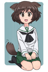 Rule 34 | 10s, 1girl, :d, akiyama yukari, animal ears, black neckerchief, black socks, blouse, blue background, brown eyes, brown hair, commentary, dog ears, dog tail, fang, full body, girls und panzer, green skirt, hands on lap, highres, kemonomimi mode, long sleeves, looking at viewer, messy hair, miniskirt, motion lines, neckerchief, no shoes, nogitatsu, ooarai school uniform, open mouth, outside border, pleated skirt, school uniform, seiza, serafuku, shirt, short hair, sitting, skirt, smile, socks, solo, tail, tail wagging, white shirt