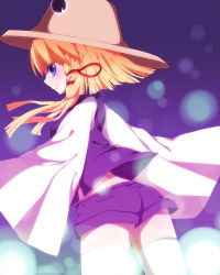 Rule 34 | 1girl, adapted costume, ass, bad id, bad pixiv id, blonde hair, blue eyes, female focus, from behind, grin, hair ribbon, hat, looking back, moriya suwako, ribbon, short hair with long locks, short shorts, shorts, sleeves past wrists, smile, solo, thighhighs, toma tokage, touhou, white thighhighs, wide sleeves
