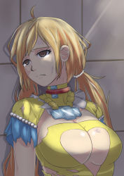 Rule 34 | 10s, 1girl, ahoge, blonde hair, breasts, brown eyes, bruise, cleavage, cleavage cutout, clothing cutout, crying, crying with eyes open, flamenco girl, hair ornament, injury, large breasts, long hair, looking to the side, maya mari, sad, samurai flamenco, solo, tears, torn clothes, twintails, upper body, wo jianqiang fu guo