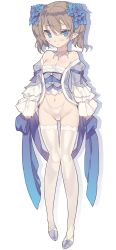 Rule 34 | 1girl, bare shoulders, blade (galaxist), blue eyes, breasts, bustier, cleavage, detached sleeves, earrings, flower, hair flower, hair ornament, highleg, highleg panties, highres, jewelry, looking at viewer, medium hair, navel, necklace, non-web source, original, panties, pointy ears, short twintails, small breasts, solo, standing, string panties, thighhighs, tsurime, twintails, underwear, white panties, white thighhighs