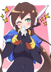 Rule 34 | 1girl, absurdres, aile (mega man zx), black bodysuit, blush, bodysuit, breasts, brown hair, buzzlyears, cropped jacket, female focus, green eyes, highres, jacket, large breasts, long hair, mega man (series), mega man zx, mega man zx advent, navel, one eye closed, open clothes, open jacket, ponytail, robot ears, shorts, smile, tagme, wink