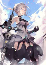 Rule 34 | ahoge, armor, armpits, bad id, bad pixiv id, black thighhighs, blue eyes, blue sky, breasts, day, dress, from below, gauntlets, grey hair, hair ornament, highres, holding, holding sword, holding weapon, king&#039;s raid, light particles, long hair, medium breasts, open mouth, scarlet (king&#039;s raid), sidelocks, sky, sleeveless, sleeveless dress, solo, standing, sword, thighhighs, tiara, weapon, yu kitsune
