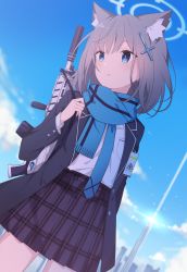 Rule 34 | 1girl, animal ear fluff, animal ears, assault rifle, black jacket, blazer, blue archive, blue eyes, blue necktie, blue scarf, blue sky, cloud, commentary, day, dutch angle, fringe trim, grey hair, gun, hair between eyes, hair ornament, halo, hand up, highres, jacket, long sleeves, looking away, looking to the side, necktie, open clothes, open jacket, outdoors, parted lips, plaid, plaid skirt, pleated skirt, purple skirt, scarf, shiroko (blue archive), shirt, sig sauer 556, skirt, sky, solo, standing, taiyaki (astre), weapon, white shirt