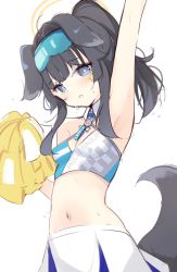 Rule 34 | 1girl, animal ears, arm up, armpits, bare shoulders, black hair, blue archive, blush, breasts, cheerleader, cowboy shot, crop top, dog ears, dog girl, dog tail, goggles, goggles on head, grey eyes, halo, hibiki (blue archive), hibiki (cheer squad) (blue archive), highres, kyuukon (qkonsan), long hair, looking at viewer, midriff, millennium cheerleader outfit (blue archive), navel, parted lips, pom pom (cheerleading), ponytail, simple background, skirt, small breasts, solo, sweat, tail, twintails, white background, white skirt