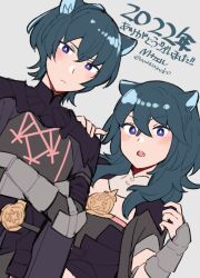Rule 34 | 1boy, 1girl, 2022, :o, animal ears, armor, black armor, black cape, blue hair, blush, byleth (female) (fire emblem), byleth (fire emblem), byleth (male) (fire emblem), cape, cat ears, closed mouth, commentary request, crossed arms, do m kaeru, fang, fire emblem, fire emblem: three houses, gauntlets, grey background, hair between eyes, hand on another&#039;s shoulder, height difference, kemonomimi mode, long hair, looking at viewer, nintendo, purple eyes, short hair, simple background, translation request, twitter username