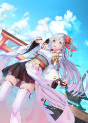 Rule 34 | 1girl, azur lane, bad id, bad pixiv id, blue eyes, building, cloud, commentary, contrapposto, day, dutch angle, fingerless gloves, flower, gloves, hair flower, hair ornament, hand up, highres, japanese clothes, light particles, long hair, miko, mole, mole under eye, nontraditional miko, obi, original, pleated skirt, purple hair, saraki, sash, shrine, signature, skirt, sky, solo, standing, thighhighs, torii, white thighhighs, wind, zettai ryouiki
