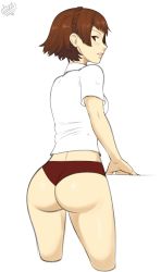 Rule 34 | 1girl, absurdres, ass, blouse, blush, braid, brown hair, collared shirt, crown braid, highres, lips, looking at viewer, looking back, niijima makoto, panties, parted lips, persona, persona 5, red eyes, red panties, shirt, short hair, short sleeves, simple background, solo, thighs, tobias leviathan, underwear, white background, white shirt