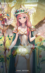 Rule 34 | 1girl, blunt bangs, cape, commentary, dress, eir (grimlight), english commentary, english text, front ponytail, gold trim, green cape, green eyes, grimlight, helmet, highres, long hair, low ponytail, official art, pink hair, shoulder pads, solo, staff, white dress, white wings, wings, wrist cuffs
