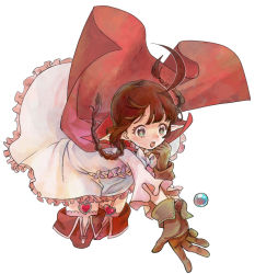 Rule 34 | 1girl, ahoge, boots, bow, braid, brown gloves, brown hair, cape, dragonstone, dress, fire emblem, fire emblem awakening, frilled dress, frills, garter straps, gloves, long hair, nah (fire emblem), nintendo, open mouth, orb, outstretched arm, pointy ears, simple background, solo, thigh boots, thighhighs, twin braids, white background, yu kiti24