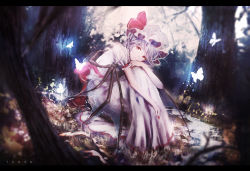 Rule 34 | 1girl, artist name, bat wings, blouse, blurry, blurry background, blurry foreground, bug, butterfly, commentary, day, depth of field, expressionless, fingernails, forest, grass, hand on own knee, hat, hat ribbon, head on knees, highres, insect, letterboxed, light particles, light purple hair, looking at viewer, mob cap, nail polish, nature, on ground, outdoors, pink hat, pink shirt, pink skirt, puffy short sleeves, puffy sleeves, red eyes, red nails, remilia scarlet, ribbon, sharp fingernails, shirt, short hair, short sleeves, sitting, skirt, solo, symbol-only commentary, tonan (l0l0l0l0l0l), touhou, transparent wings, wings