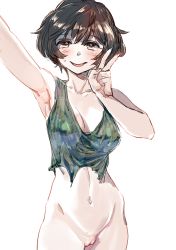 Rule 34 | 10s, 1girl, akiyama yukari, armpits, black hair, blush, bob cut, bottomless, bow (bhp), breasts, brown eyes, cameltoe, cleavage, cleft of venus, girls und panzer, half-closed eyes, navel, no bra, pussy, reaching, reaching towards viewer, selfie, short hair, simple background, sleeveless, smile, solo, standing, stomach, sweatdrop, tank top, torn clothes, torn tank top, uncensored, v, white background