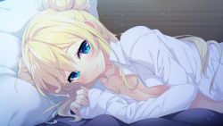 Rule 34 | 1girl, bed, blonde hair, blush, breasts, closed mouth, double bun, female focus, freesia godspeed, game cg, green eyes, hair bun, indoors, kizuna kirameku koi iroha, long hair, long sleeves, looking at viewer, lying, nironiro, no bra, nose blush, on bed, on side, open clothes, open shirt, original, pero, pillow, sleeves past wrists, small breasts, smile, solo, unbuttoned, unbuttoned shirt, upper body