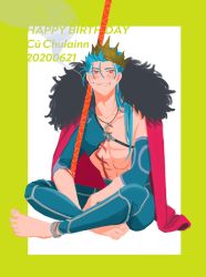 Rule 34 | 1boy, abs, absurdres, bad id, bad twitter id, barefoot, blue hair, bodypaint, bracelet, bright pupils, cape, character name, closed mouth, crescent, crescent necklace, crossed legs, crown, cu chulainn (fate), cu chulainn (fate/stay night), cu chulainn (second ascension) (fate), dated, detached sleeves, earrings, fang, fate/grand order, fate (series), fur-trimmed cape, fur trim, gae bolg (fate), grin, happy birthday, highres, ima yonderu, jewelry, long hair, looking at viewer, male focus, muscular, necklace, official alternate costume, pants, red eyes, sitting, skin tight, smile, smoke, solo, spiked hair, strap, topless male, type-moon, white pupils