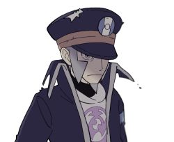 Rule 34 | 1boy, black coat, black hat, blurry, closed mouth, coat, creatures (company), facial hair, frown, game freak, goatee, grey eyes, grey hair, hat, high collar, ingo (pokemon), jaho, long sideburns, male focus, nintendo, peaked cap, pearl clan outfit, pokemon, pokemon legends: arceus, short hair, sideburns, solo, trench coat, upper body, white background