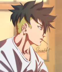 Rule 34 | 1boy, artist name, black hair, blonde hair, boruto: naruto next generations, commentary, ear piercing, earrings, english commentary, eyebrow piercing, highres, jewelry, kawaki (boruto), male focus, mouth hold, multicolored hair, naruto (series), piercing, portrait, profile, sarulart, signature, solo, sparkle, two-tone hair, undercut, white eyes