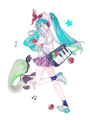 Rule 34 | 1girl, :d, absurdres, bag, beamed eighth notes, beanie, bracelet, commentary, creatures (company), crossover, eighth note, game freak, gen 5 pokemon, green hair, hair between eyes, hat, hatsune miku, highres, holding, holding poke ball, jewelry, leg up, legendary pokemon, long hair, meloetta, musical note, mythical pokemon, nintendo, open mouth, pifeng (7634446), pleated skirt, poke ball, poke ball (basic), pokemon, pokemon (creature), project voltage, psychic miku (project voltage), shoes, shoulder bag, simple background, skirt, smile, socks, star (symbol), twintails, vocaloid, white background, white headwear