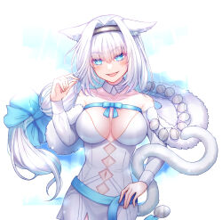 Rule 34 | 1girl, animal ears, bare shoulders, blue bow, blue eyes, blue ribbon, bow, breasts, clothing cutout, cowboy shot, detached collar, detached sleeves, dobrynya nikitich (fate), dobrynya nikitich (second ascension) (fate), fate/grand order, fate (series), hair bow, highres, large breasts, looking at viewer, navel cutout, ribbon, satsu oekaki, smile, solo, tail, white hair