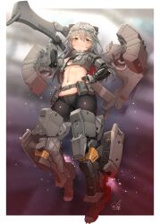 Rule 34 | 1girl, alice gear aegis, arm armor, axe, bikini, bikini top only, black pantyhose, border, breasts, closed mouth, collared jacket, commentary request, cropped jacket, doyouwantto, full body, goggles, goggles on head, green eyes, grey hair, grey jacket, hand on own hip, headgear, holding, holding axe, holding weapon, jacket, leg armor, long hair, looking at viewer, mecha musume, mechanical wings, navel, open clothes, open jacket, outside border, over shoulder, pantyhose, shinonome chie, signature, small breasts, smile, solo, swimsuit, thrusters, weapon, weapon over shoulder, white border, wings