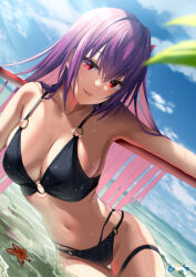 Rule 34 | 1girl, absurdres, beach, bikini, black bikini, blue sky, blurry, blurry foreground, breasts, cleavage, cloud, collarbone, colored inner hair, day, fate/grand order, fate (series), flower, hair between eyes, hair flower, hair ornament, highres, large breasts, long hair, looking at viewer, multi-strapped bikini, multicolored hair, navel, o-ring, o-ring bikini, open mouth, outdoors, pink hair, purple lips, red eyes, red flower, scathach (fate), scathach (fate/grand order), scathach (swimsuit assassin) (fate), skindentation, sky, slope (check238), solo, straight hair, summer, sunlight, swimsuit, thigh gap, thigh strap, two-tone hair, very long hair