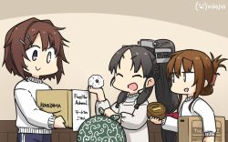 Rule 34 | 3girls, alternate costume, black hair, blue pants, box, brown hair, cardboard box, closed eyes, dated, field ration, folded ponytail, food, furutaka (kancolle), hair ornament, hairclip, hamu koutarou, headgear, heterochromia, high ponytail, highres, holding, holding food, inazuma (kancolle), kantai collection, long hair, low-tied long hair, multiple girls, nisshin (kancolle), one-hour drawing challenge, open mouth, pants, ponytail, short hair, sidelocks, signature, smile, sparkle, sweater, track pants, white sweater