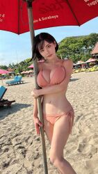 Rule 34 | 1girl, beach, bikini, black hair, fukada eimi, highres, looking at viewer, photo (medium), pink bikini, sand, short hair, standing, swimsuit