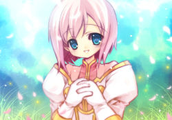 Rule 34 | 00s, 1girl, aqua background, bad id, bad pixiv id, blue eyes, capura lin, estellise sidos heurassein, grass, own hands clasped, own hands together, petals, pink hair, short hair, smile, solo, tales of (series), tales of vesperia