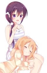 Rule 34 | &gt;:o, 2girls, :o, alternate hairstyle, bare shoulders, blush, breasts, closed eyes, collarbone, commentary request, ear cleaning, gochuumon wa usagi desu ka?, hair between eyes, hair ornament, hair scrunchie, hand on another&#039;s head, highres, holding, hood, hoodie, hoto cocoa, lap pillow, long hair, long sleeves, looking at another, lying, medium breasts, mimikaki, multiple girls, nagomi yayado, open mouth, orange hair, pajamas, purple eyes, purple hair, scrunchie, shirt, short hair, shorts, side ponytail, sidelocks, simple background, sitting, sleeveless, striped clothes, striped hoodie, striped shirt, striped shorts, striped tank top, sweatdrop, tank top, tedeza rize, uwu, v-shaped eyebrows, wavy mouth, white background, white shirt
