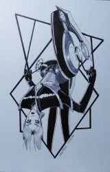 Rule 34 | 1girl, absurdres, android, blade, camille (league of legends), closed mouth, dated, greyscale, highres, ink (medium), inktober, league of legends, monochrome, re kwiyem, short hair, signature, solo, traditional media, upside-down, weapon, wire