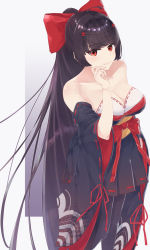 Rule 34 | 1girl, absurdres, agano (azur lane), artist request, azur lane, bare shoulders, bow, breasts, detached sleeves, dress, highres, large breasts, long hair, pantyhose, ponytail, red bow, red eyes, red ribbon, ribbon, sash, short dress, simple background, solo, strapless, strapless dress, very long hair, white background, wide sleeves, yellow sash
