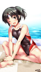 Rule 34 | 1girl, artist name, barefoot, black hair, black one-piece swimsuit, breasts, collarbone, competition swimsuit, covered navel, dated, headband, highleg, highleg swimsuit, highres, kantai collection, looking at viewer, medium hair, nagara (kancolle), one-piece swimsuit, one eye closed, outdoors, pool, poolside, red one-piece swimsuit, side ponytail, sitting, skindentation, small breasts, solo, swimsuit, tsuchimiya