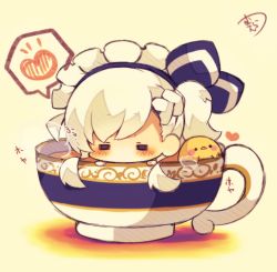 Rule 34 | 1girl, = =, animal, azur lane, beige background, belfast (azur lane), bird, blue ribbon, blush, braid, chibi, chick, closed eyes, cup, facing viewer, hair ribbon, heart, highres, in container, in cup, little bel (azur lane), long hair, maid headdress, muuran, one side up, ribbon, signature, silver hair, solo, spoken heart, steam, striped ribbon, tea, teacup, translation request