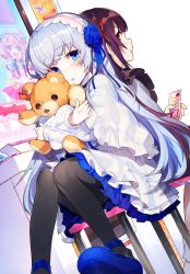 Rule 34 | 2girls, :d, :t, back-to-back, black legwear, blue eyes, blue flower, blue footwear, blue rose, blush, brown hair, capelet, closed mouth, dress, dutch angle, flower, gloves, hair flower, hair ornament, hair ribbon, hat, headband, heart, highres, holding, holding microphone, hug, index finger raised, kirapuri ojisan to youjo-senpai, long hair, long sleeves, looking at viewer, looking back, mary janes, microphone, mika pikazo, mini hat, multiple girls, hugging object, official art, one side up, open mouth, pantyhose, parted lips, pink headwear, puffy long sleeves, puffy sleeves, purple hair, red eyes, red ribbon, ribbon, rose, shoes, silver hair, sitting, smile, stool, stuffed animal, stuffed toy, teddy bear, textless version, very long hair, white capelet, white dress, white gloves