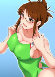 Rule 34 | 1girl, akizuki ritsuko, brown eyes, brown hair, competition swimsuit, covered erect nipples, folded ponytail, glasses, green one-piece swimsuit, highres, idolmaster, idolmaster (classic), long hair, one-piece swimsuit, solo, swimsuit, tengu (tetuo kun)