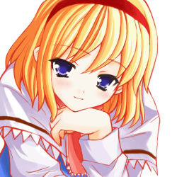 Rule 34 | 1girl, alice margatroid, blonde hair, blue eyes, blush, head rest, female focus, hairband, looking at viewer, nrvnqsr666, short hair, smile, solo, touhou