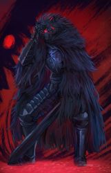 Rule 34 | 1boy, armor, blaidd the half-wolf, blood, blood on face, breastplate, cloak, elden ring, etrosamu, fur cloak, furry, furry male, gauntlets, greatsword, greaves, hand on own head, highres, holding, holding sword, holding weapon, huge weapon, male focus, armored boots, red eyes, solo, spoilers, sword, weapon, wide-eyed