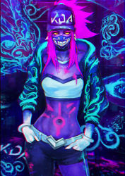 Rule 34 | 1girl, absurdres, akali, asymmetrical clothes, bandeau, bangle, baseball cap, belt, belt buckle, bodypaint, bracelet, breasts, buckle, choker, covered mouth, cropped jacket, earrings, graffiti, hands in pockets, hat, highres, idol, inverted colors, jacket, jewelry, k/da (league of legends), k/da akali, league of legends, looking at viewer, mask, midriff, monori rogue, mouth mask, navel, necklace, official alternate costume, open clothes, open jacket, pants, pink hair, raver, single pantsleg, small breasts, solo, toned, ultraviolet light, yellow eyes