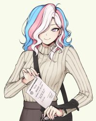 Rule 34 | 1boy, bag, blue eyes, blue hair, document, ear piercing, eleonore (pas (paxiti)), english text, gradient eyes, hair over one eye, handbag, highres, image sample, multicolored eyes, multicolored hair, nail polish, paper, pas (paxiti), piercing, pink eyes, pink hair, signature, smile, solo, stamp, standing, sweater, transgender, transgender flag, turtleneck, turtleneck sweater, twitter sample, white hair