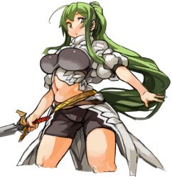 Rule 34 | 1girl, ahoge, bike shorts, breasts, cropped legs, female focus, green hair, holding, large breasts, long hair, navel, original, sachito, sidelocks, simple background, solo, sumi-chan (sachito), sword, very long hair, weapon, white background, yellow eyes