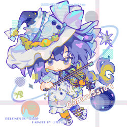 Rule 34 | 1girl, artist name, ball, blue hair, blue hat, bow (music), chibi, commission, cosmic skin, dress, full body, gloves, hat, highres, holding, holding bow (music), holding instrument, holding violin, instrument, long hair, looking at viewer, low-braided long hair, low-tied long hair, music, official alternate costume, orange gloves, orange socks, playing instrument, reverse:1999, single sock, socks, solo, stellated octahedron, violin, voyager (reverse:1999), white background, white dress, white footwear, witch hat, yuli yuri