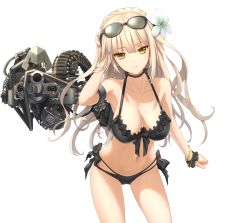 Rule 34 | 1girl, autocannon, bikini, black bikini, bow, bow bikini, bracelet, braid, breasts, cannon, choker, cleavage, closed mouth, collarbone, contrapposto, cowboy shot, crown braid, eyewear on head, flower, french braid, hair flower, hair ornament, tucking hair, halterneck, hand in own hair, highres, jewelry, kawanakajima, large breasts, leaning forward, light brown hair, long hair, looking at viewer, multi-strapped bikini bottom, multi-strapped bikini top, navel, scrunchie, simple background, smile, solo, standing, sunglasses, swimsuit, white background, wrist scrunchie, yellow eyes