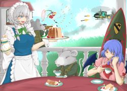 Rule 34 | 4girls, aircraft, animal ears, bat wings, blonde hair, blue eyes, blue hair, braid, cake, cat shit one, cube85, cup, danmaku, day, flandre scarlet, flying, food, gun, hat, helicopter, izayoi sakuya, kawashiro nitori, maid, maid headdress, missile, mouse ears, mouse tail, multiple girls, red eyes, remilia scarlet, ribbon, rifle, short hair, silver hair, sky, tail, teacup, touhou, twin braids, uh-1 iroquois, uniform, weapon, wings
