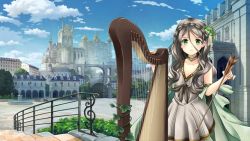 Rule 34 | 1girl, armlet, arrow (projectile), artist request, black hair, blue sky, blush, braid, breasts, building, bush, castle, choker, city, cloud, cloudy sky, collarbone, courtyard, cowboy shot, day, dmm, dress, flower, fountain, frown, gate, girls symphony, green eyes, grey dress, guard rail, hair between eyes, hair flower, hair ornament, harp, highres, holding, instrument, ivy, lamppost, long hair, outdoors, palace, parted bangs, railing, sky, skyline, small breasts, solo, stairs, tree, v-neck, wallpaper, wavy hair